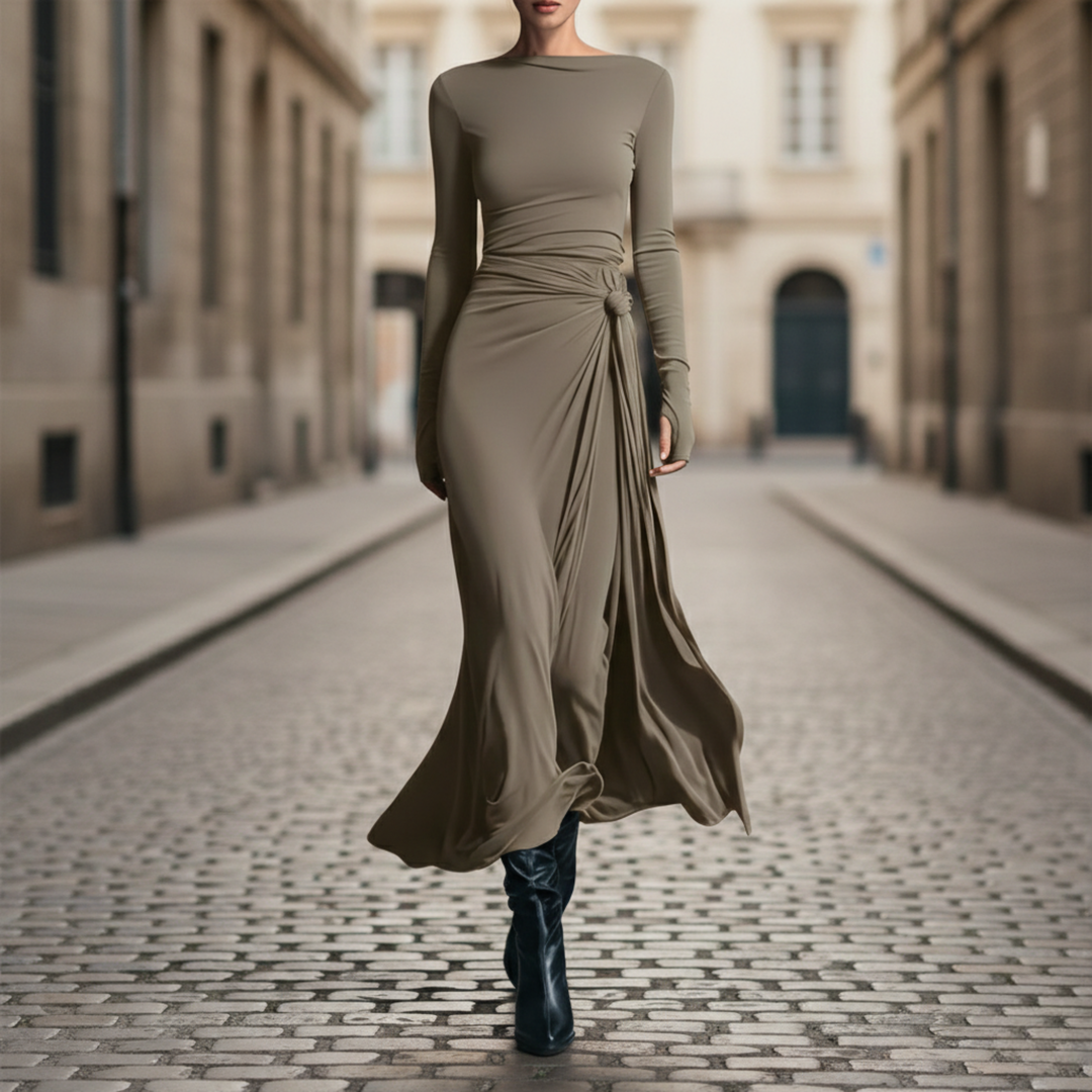 Vestido Maxi Lazo Lateral de Manga Larga hasta el Suelo para Mujeres