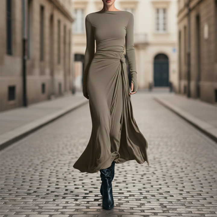 Vestido Maxi Lazo Lateral de Manga Larga hasta el Suelo para Mujeres