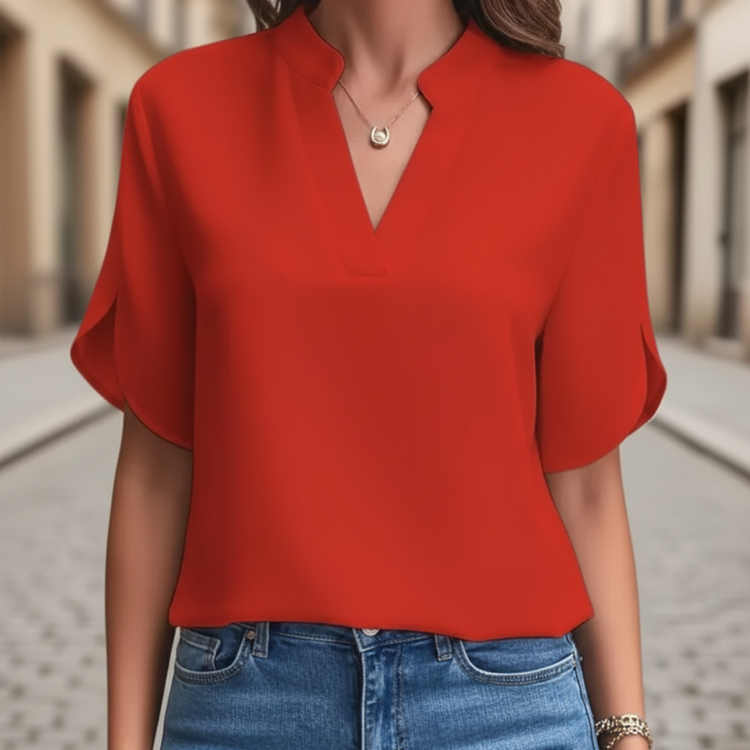 Blusa de Seda con Cuello en V de Manga Corta para Mujeres