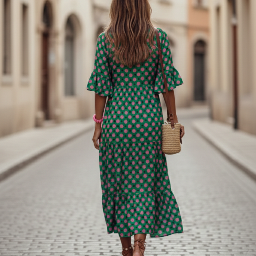 Vestido Midi de Manga Abullonada con Volantes Floral Verde para Mujeres