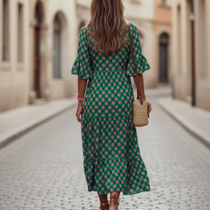 Vestido Midi de Manga Abullonada con Volantes Floral Verde para Mujeres