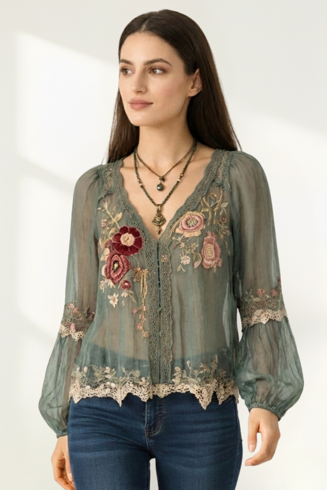 Blusa Floral de Encaje de Chifón para Mujeres