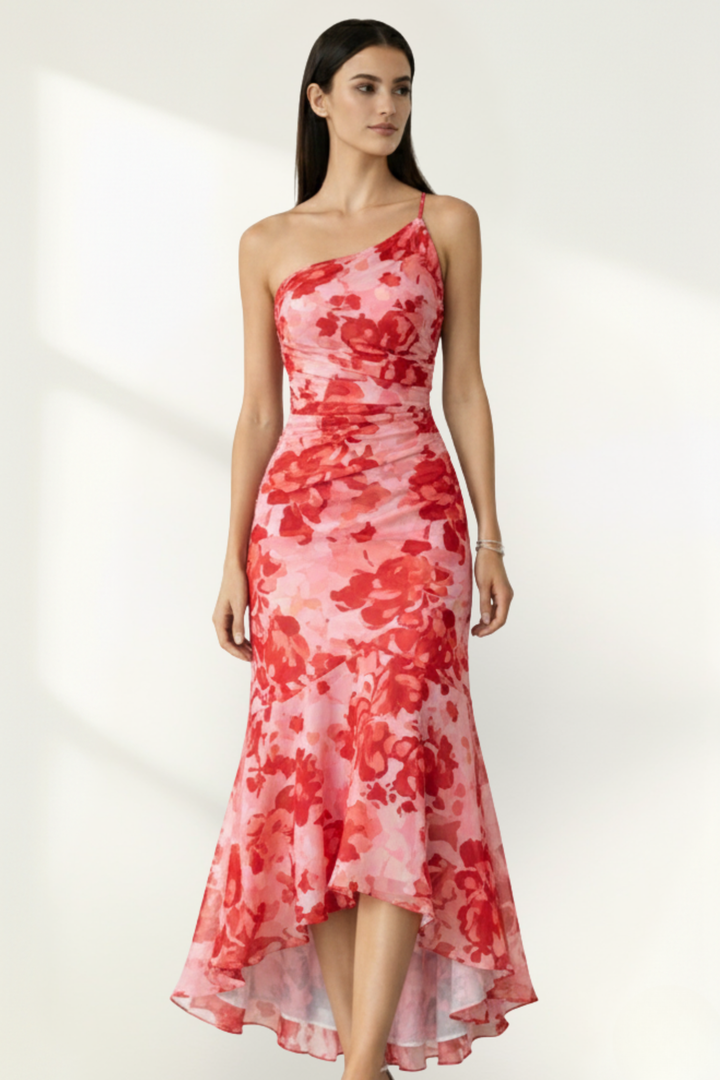 Robe longue fleurie en mousseline sans bretelles pour femme