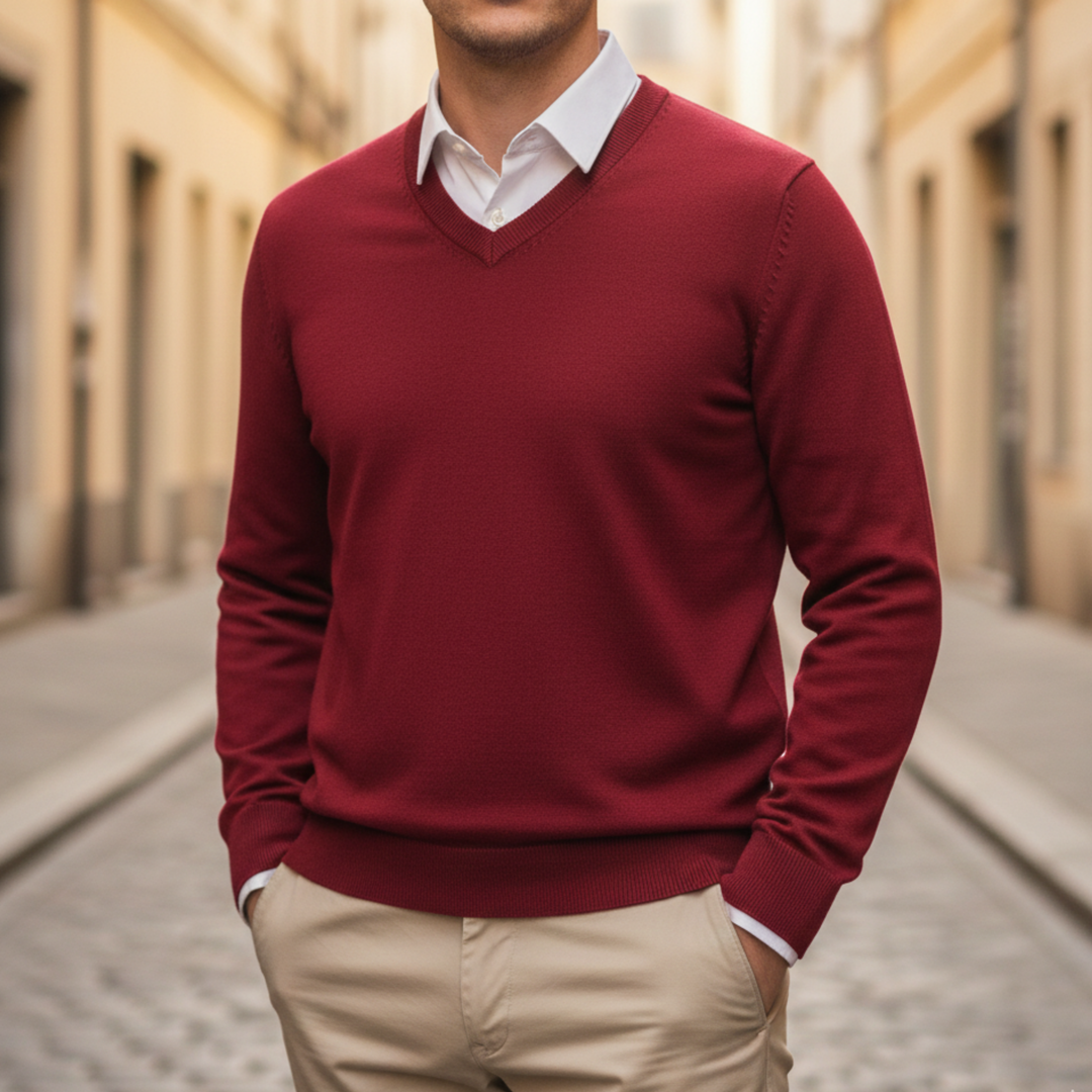 Suéter de Cuello en V de Manga Larga de Punto para Hombre
