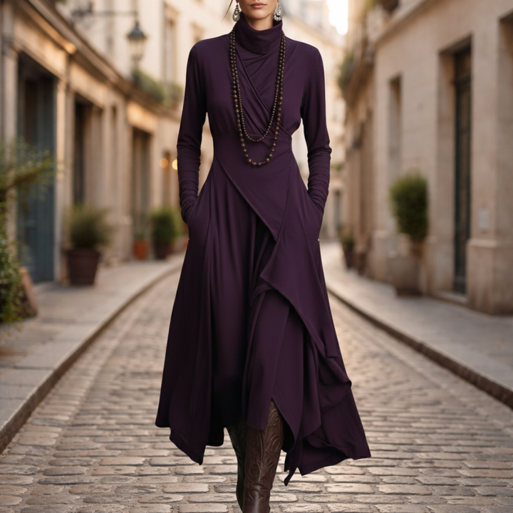 Robe longue asymétrique plissée col montant femme