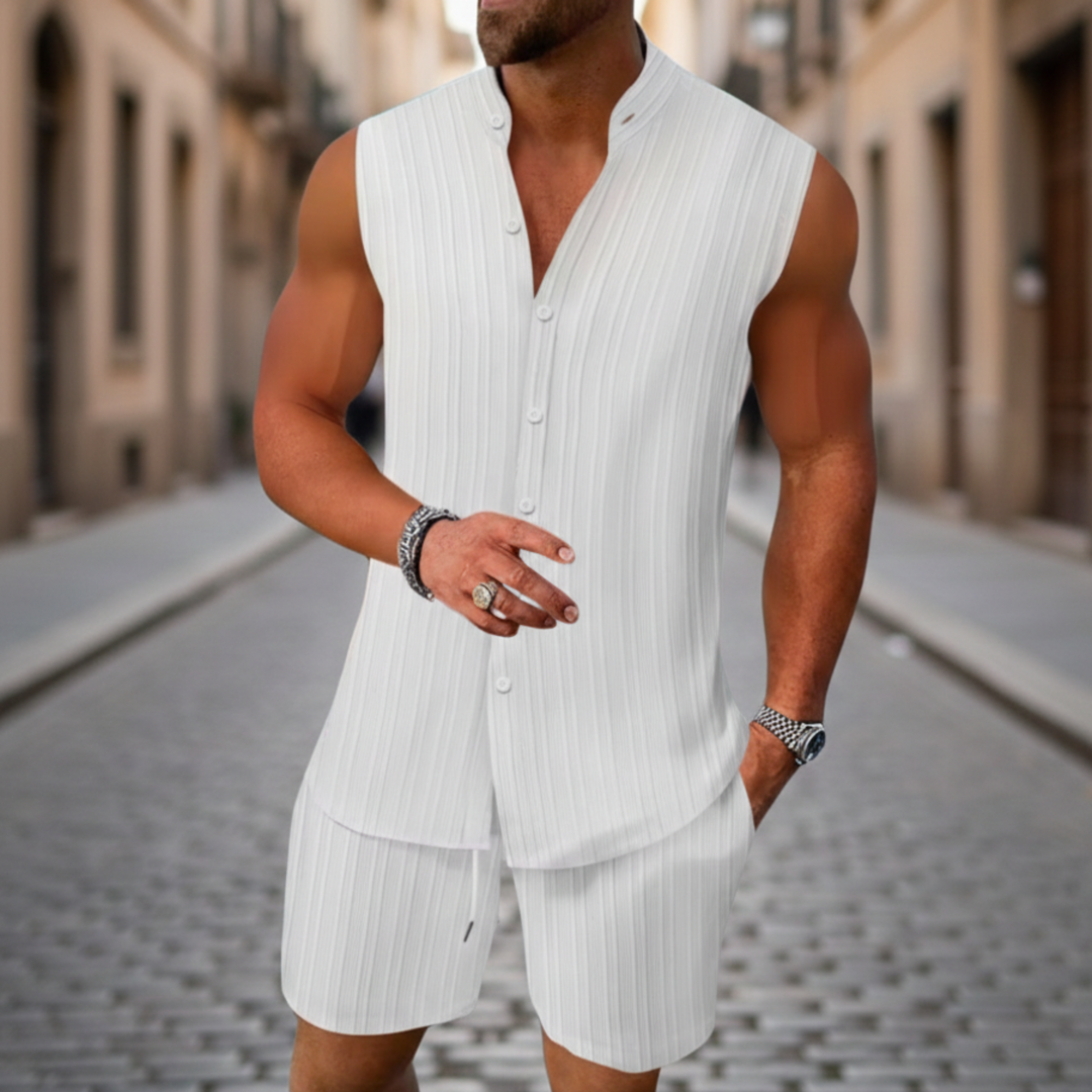 Ensemble short homme haut sans manches à boutons été