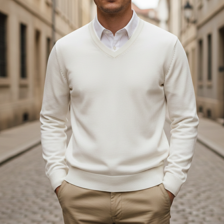 Suéter de Cuello en V de Manga Larga de Punto para Hombre