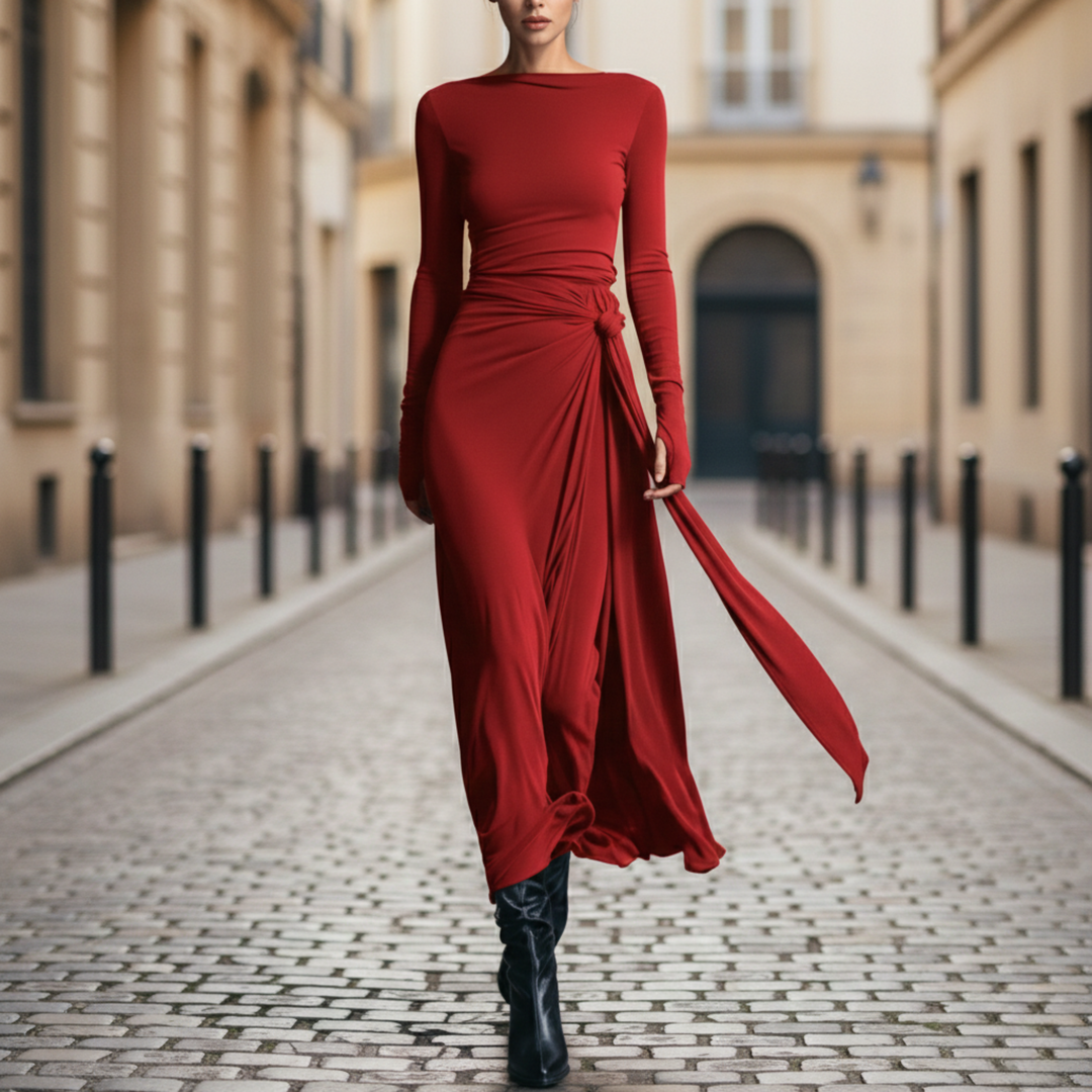 Vestido Maxi Lazo Lateral de Manga Larga hasta el Suelo para Mujeres