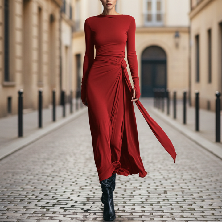 Vestido Maxi Lazo Lateral de Manga Larga hasta el Suelo para Mujeres