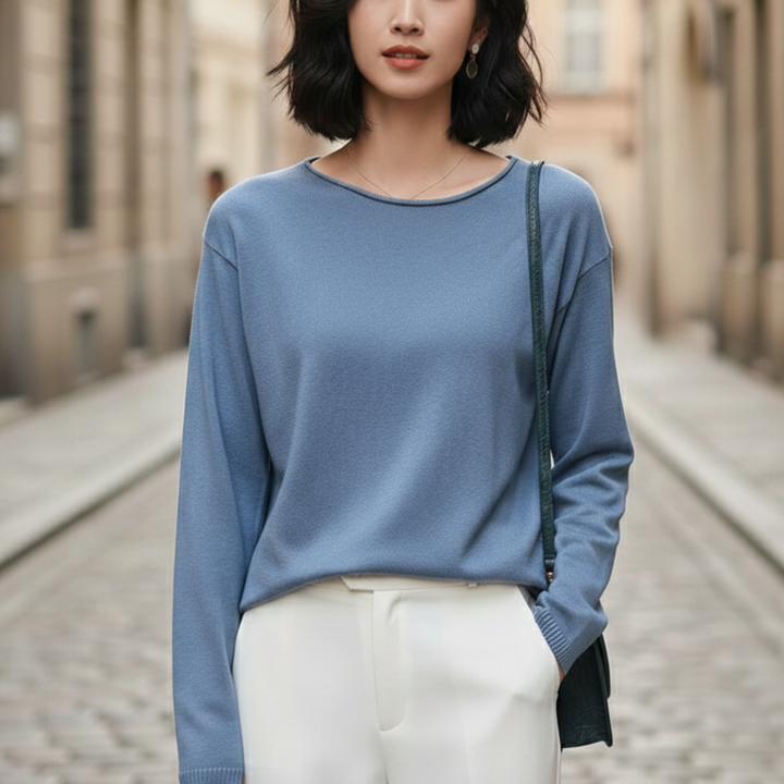 Suéter de punto ligero de cuello redondo de manga larga para mujer