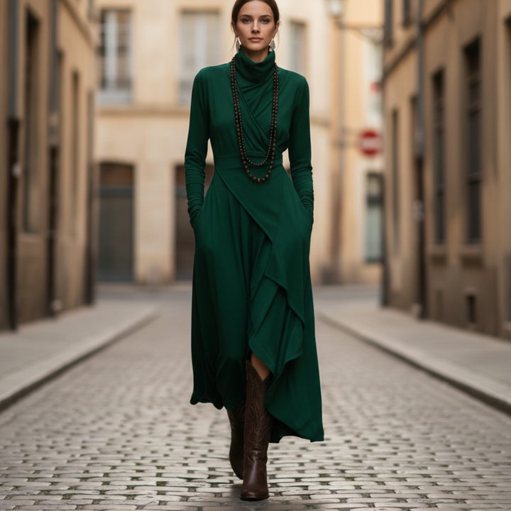 Robe longue plissée asymétrique à col montant et manches longues pour femme