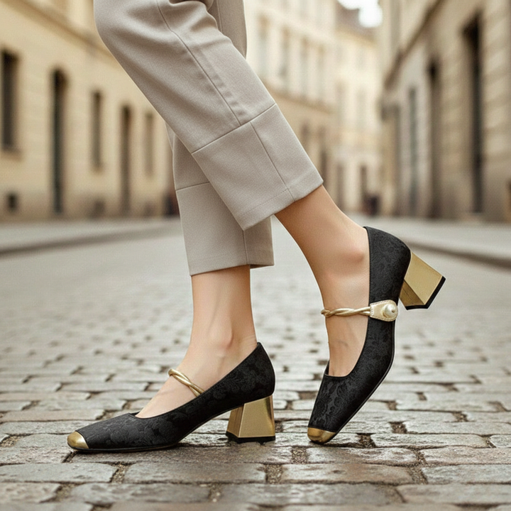 Tacones de Punta Cuadrada con Diseño Floral, Tacón de Bloque, Correa para Mujeres