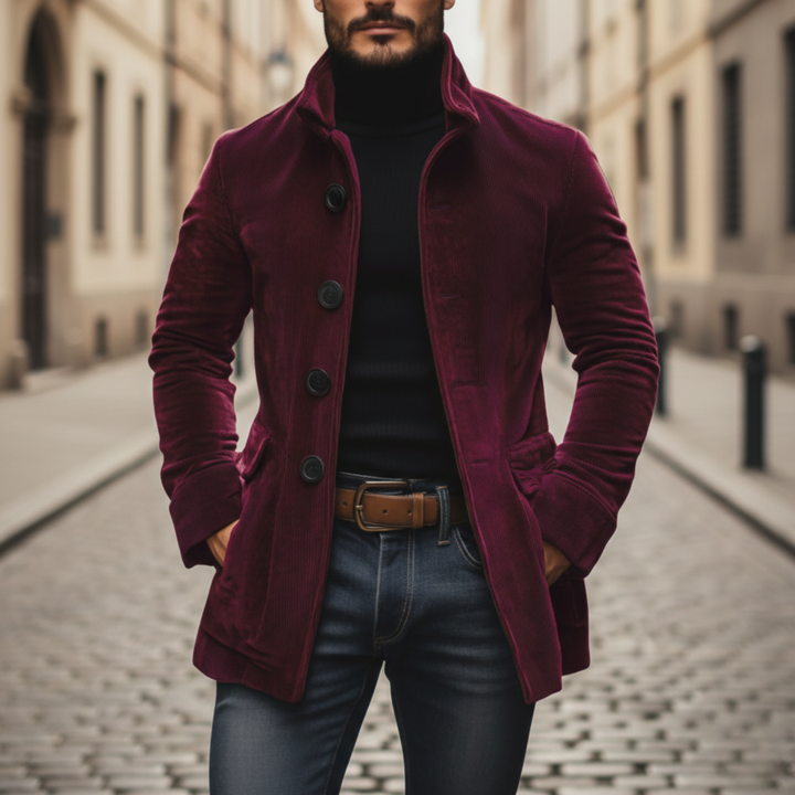 Abrigo de pana con cuello de pie y botones para hombres