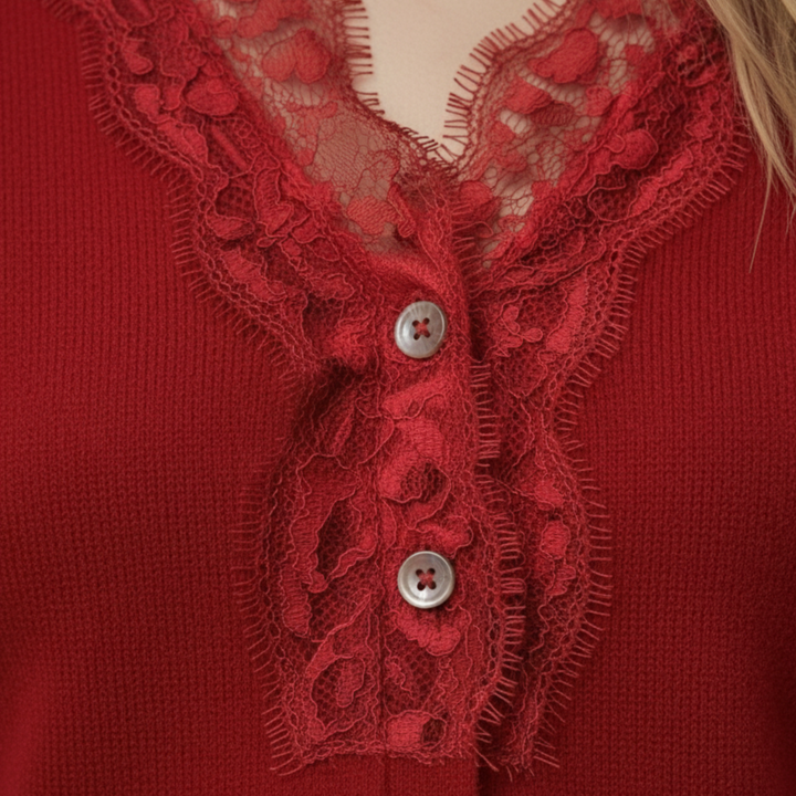 Cardigan à col en V avec bordure en dentelle et manches longues pour femme