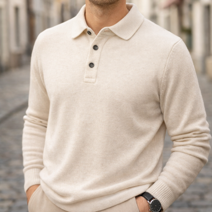 Camisa Polo de Cachemira de Manga Larga Tejida para Hombre Color Beige con Cuello