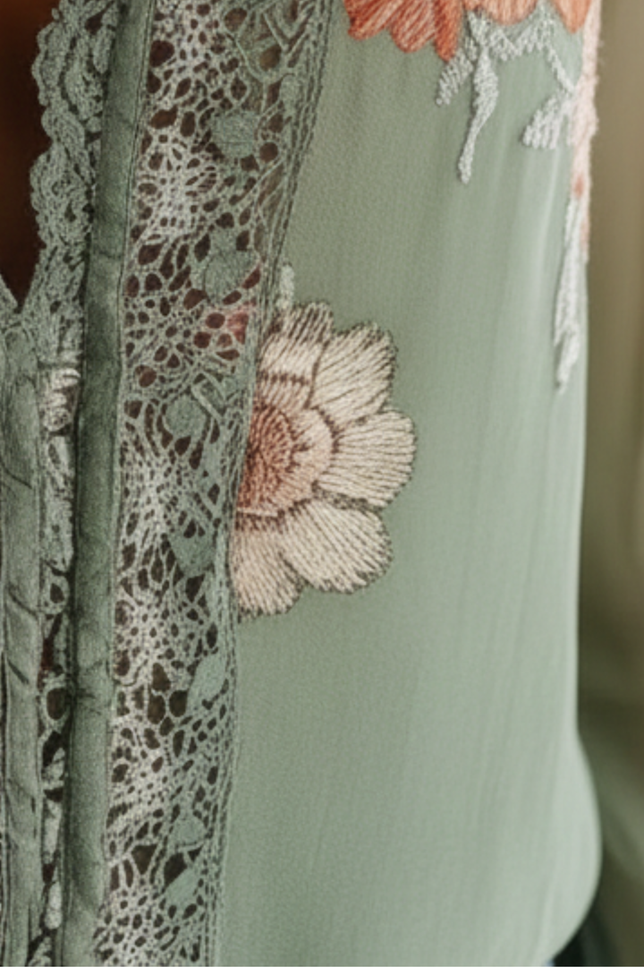 Blusa de Encaje de Gasa Floral de Manga Larga para Mujeres