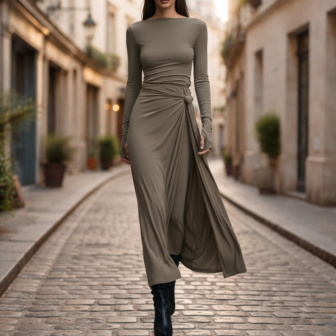 Vestido Maxi con Nudo Lateral de Manga Larga para Mujeres