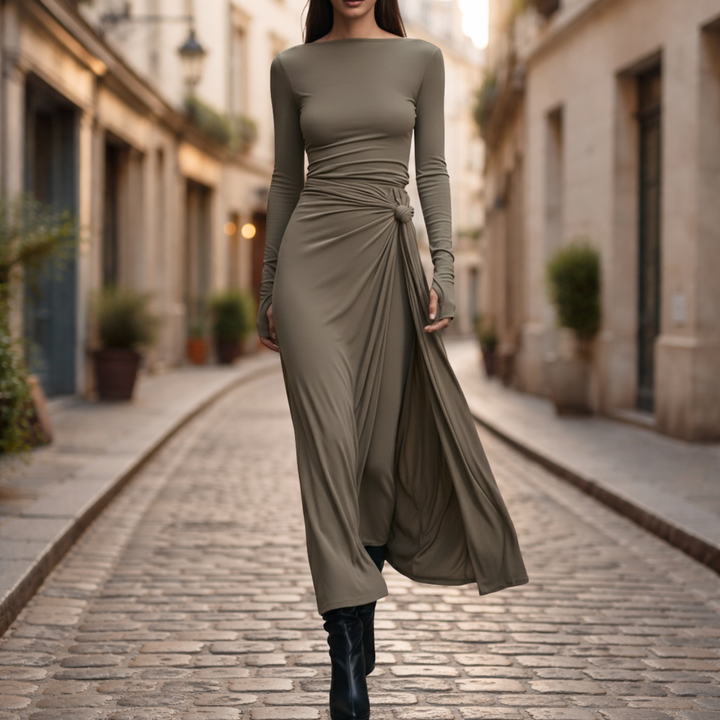 Vestido Maxi con Nudo Lateral de Manga Larga para Mujeres