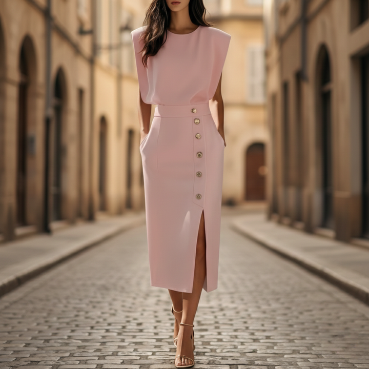 Vestido midi sin mangas con detalles de botones y abertura lateral para mujeres