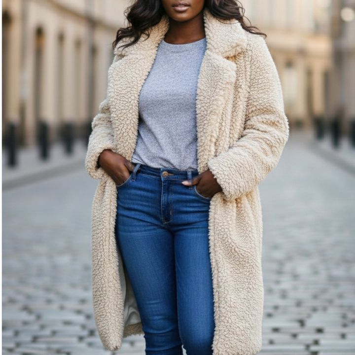 Manteau en peluche à manches longues avec col pour femmes
