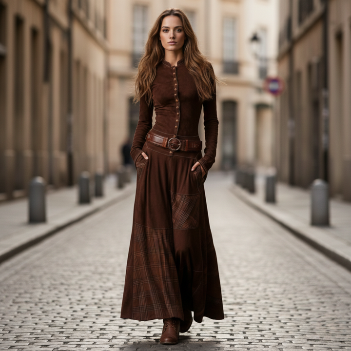 Maxi Dress Suede Plaid Long Sleeve Vintage Women