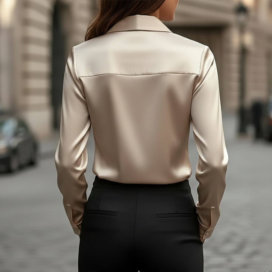 blusa de mujer con cuello drapeado y mangas largas