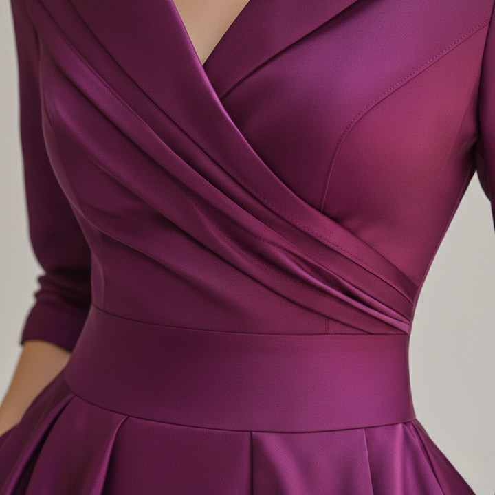 Robe mi-longue en satin pour femme, portefeuille, manches trois-quarts, coupe évasée avec poche