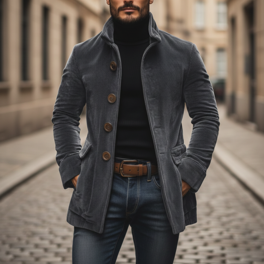 Abrigo de pana con cuello de pie y botones para hombres