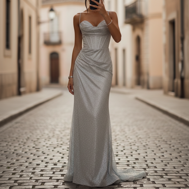 Robe de soirée longue à fines bretelles pour femme