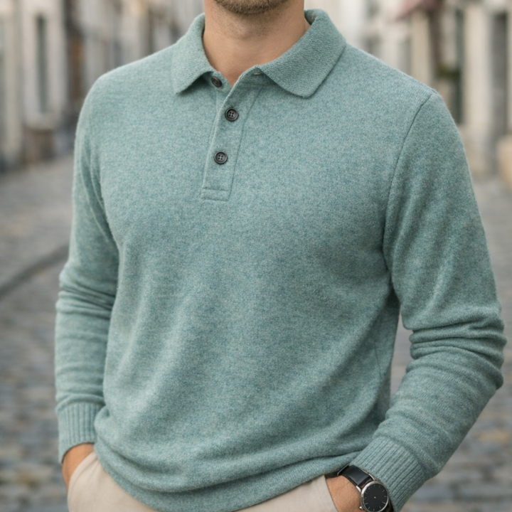 Camisa Polo de Cachemira de Manga Larga Tejida para Hombre Color Beige con Cuello