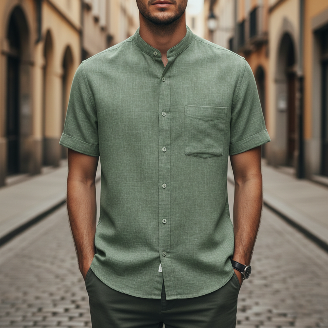 Men's Shirt Short Sleeve with Mandarin Collar