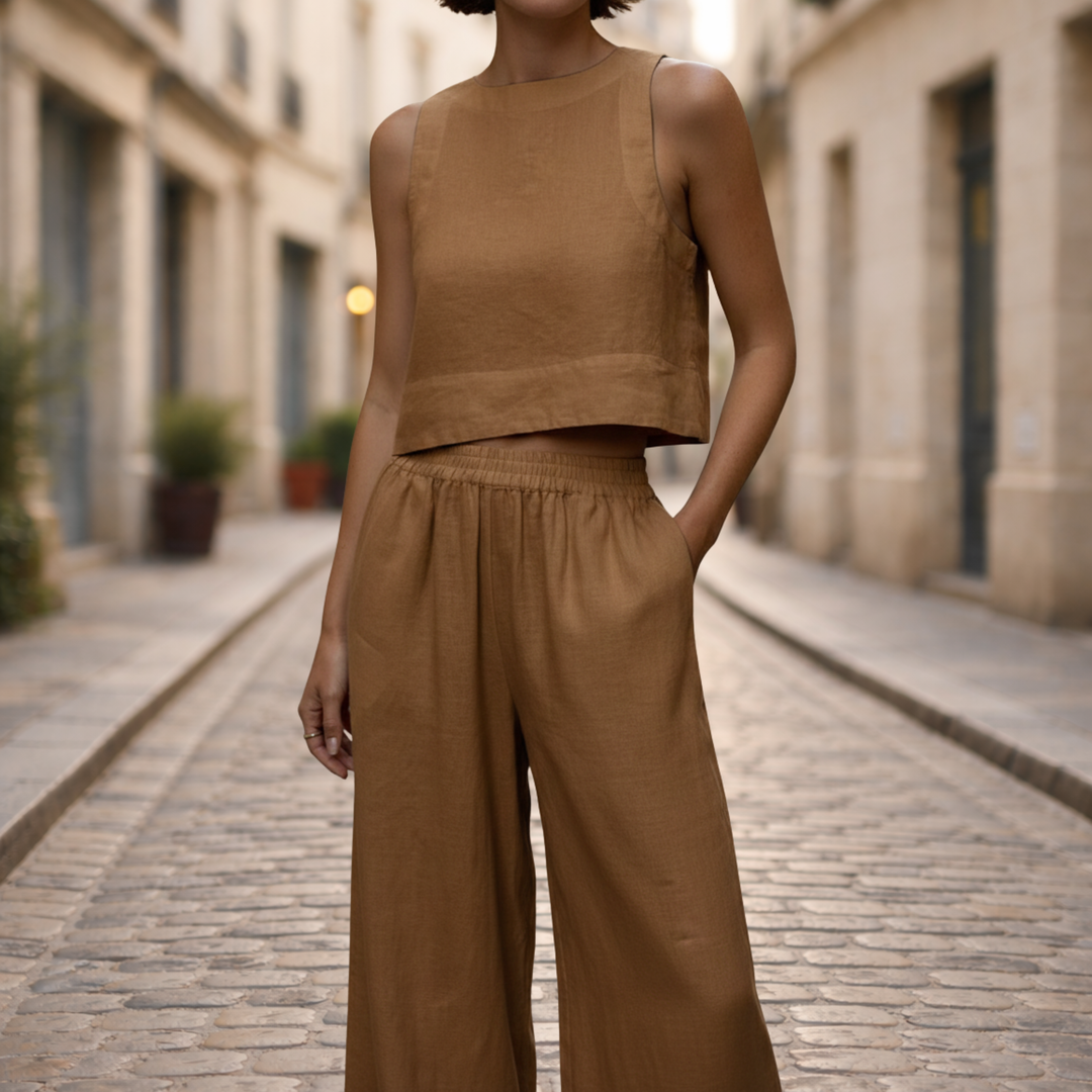 Ensemble deux pièces pour femmes : haut court et pantalon à jambes larges