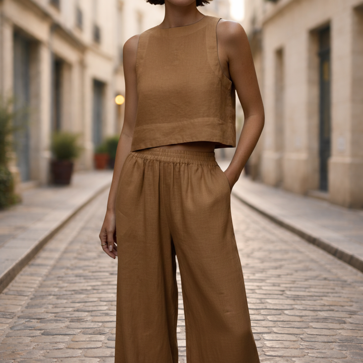 Ensemble deux pièces pour femmes : haut court et pantalon à jambes larges