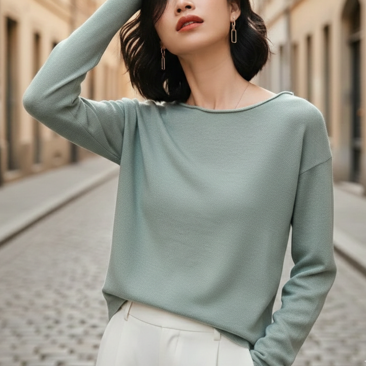 Suéter de punto ligero de cuello redondo de manga larga para mujer