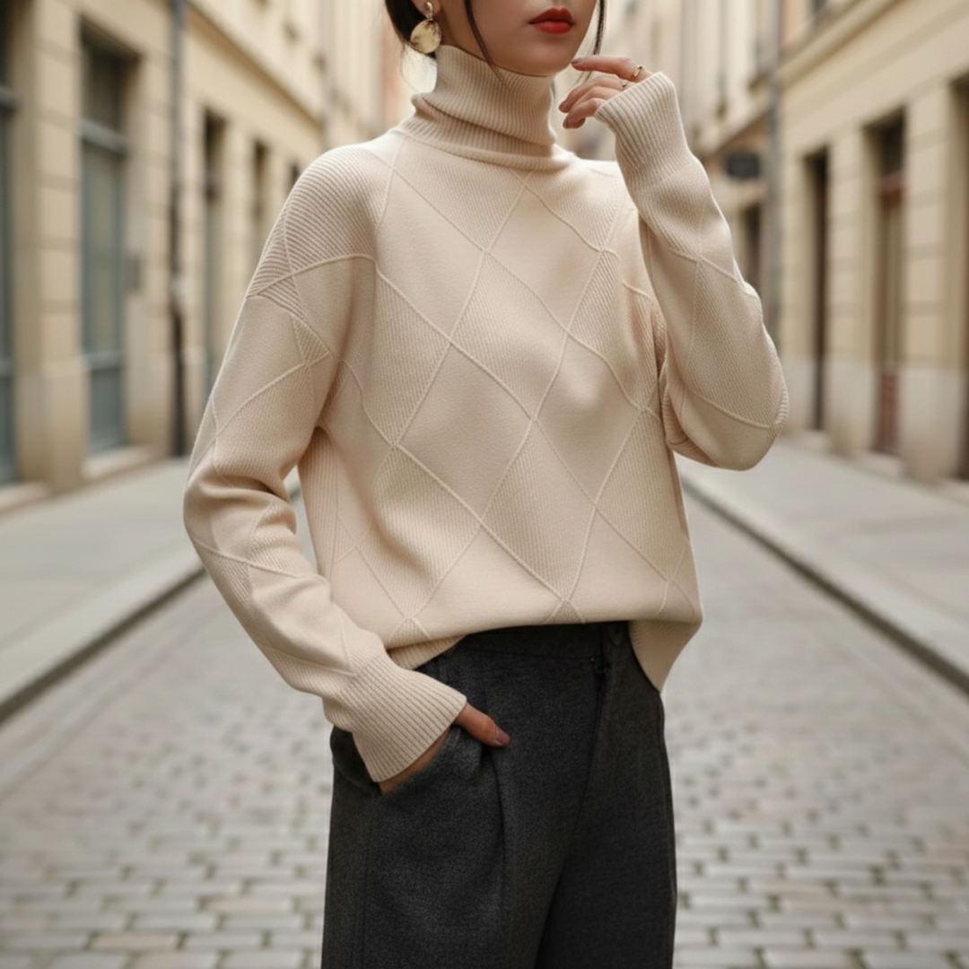 Cashmere Sweater Diamond Knit Turtleneck Pullover