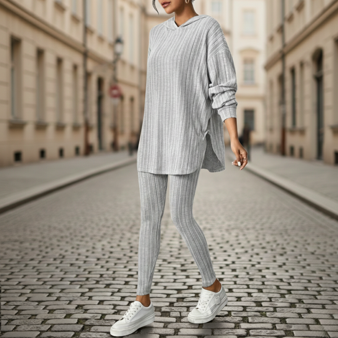 Conjunto de Lounge de Punto Acanalado para Mujeres con Túnica de Manga Larga y Leggings