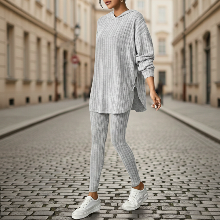 Conjunto de Lounge de Punto Acanalado para Mujeres con Túnica de Manga Larga y Leggings