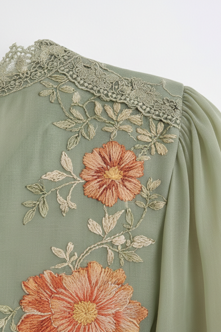 Blusa de Encaje de Gasa Floral de Manga Larga para Mujeres