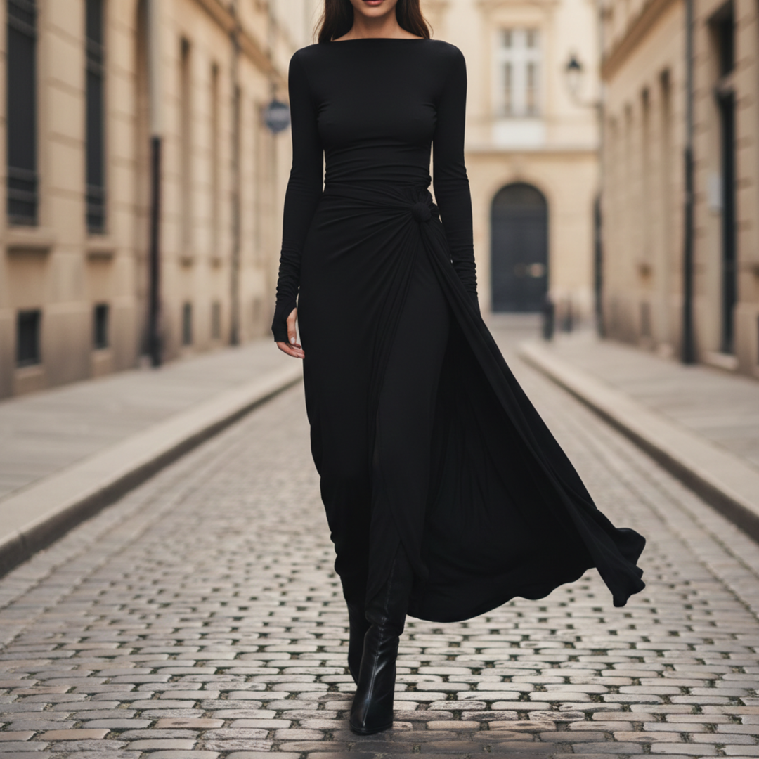 Vestido Maxi Lazo Lateral de Manga Larga hasta el Suelo para Mujeres