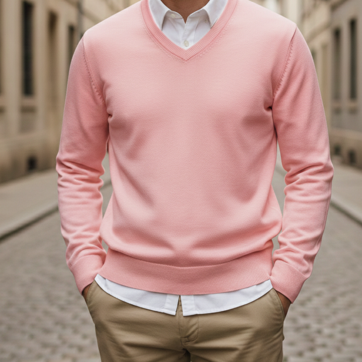 Suéter de Cuello en V de Manga Larga de Punto para Hombre