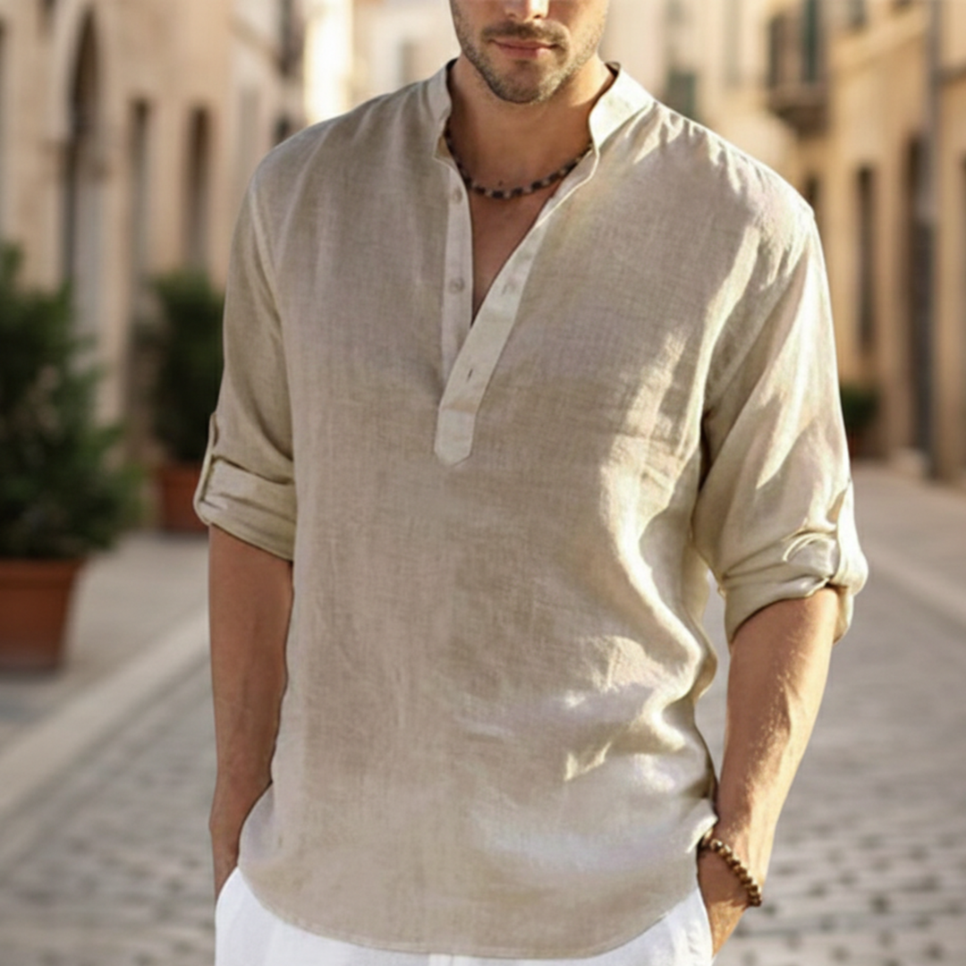 Camisa de Hombre con Cuello Mao y Botones, de Manga Larga