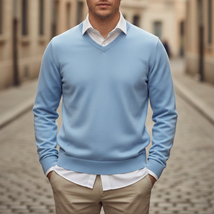 Suéter de Cuello en V de Manga Larga de Punto para Hombre