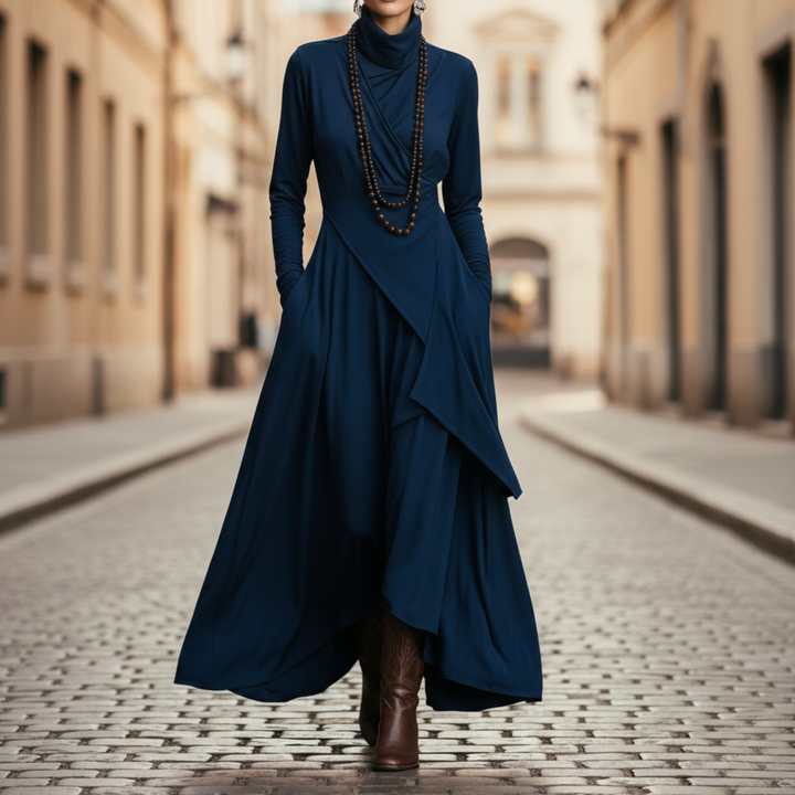 Robe longue plissée asymétrique à col montant et manches longues pour femme