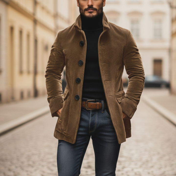 Abrigo de pana con cuello de pie y botones para hombres