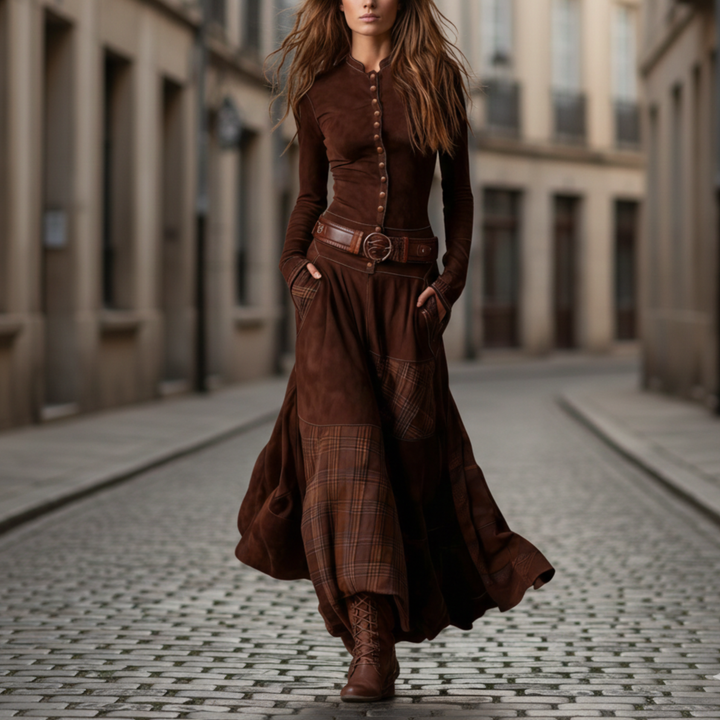 Vestido Maxi de Ante a Cuadros de Manga Larga para Mujeres