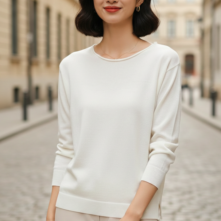 Suéter de punto ligero de cuello redondo de manga larga para mujer