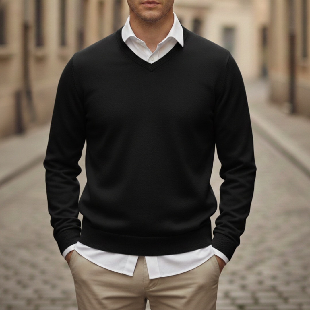 Suéter de Cuello en V de Manga Larga de Punto para Hombre