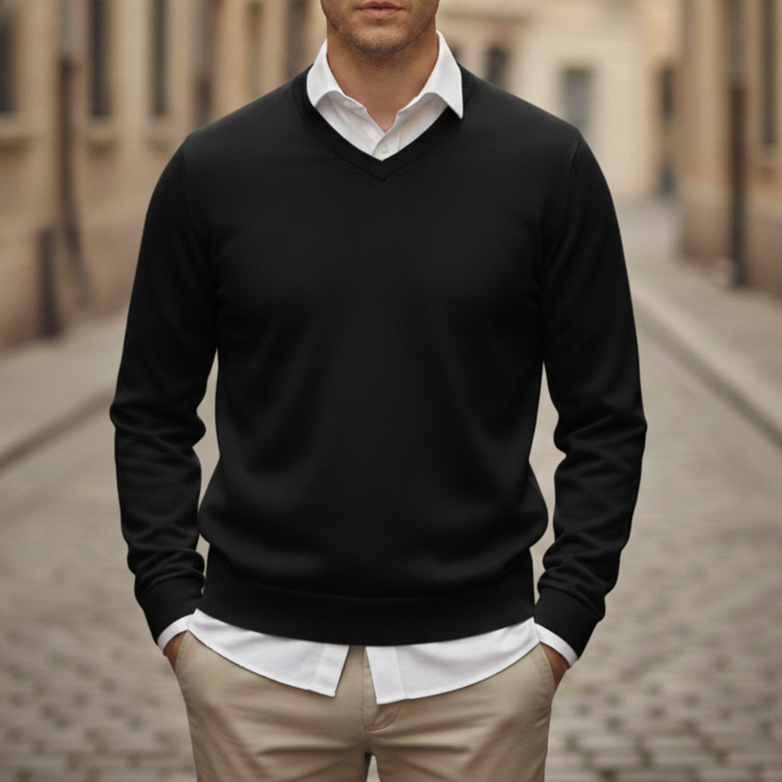 Suéter de Cuello en V de Manga Larga de Punto para Hombre