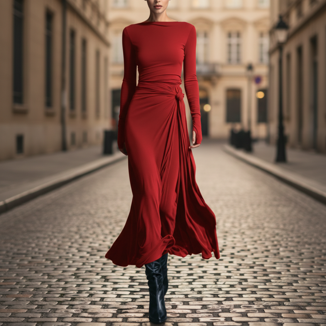 Vestido Maxi Lazo Lateral de Manga Larga hasta el Suelo para Mujeres