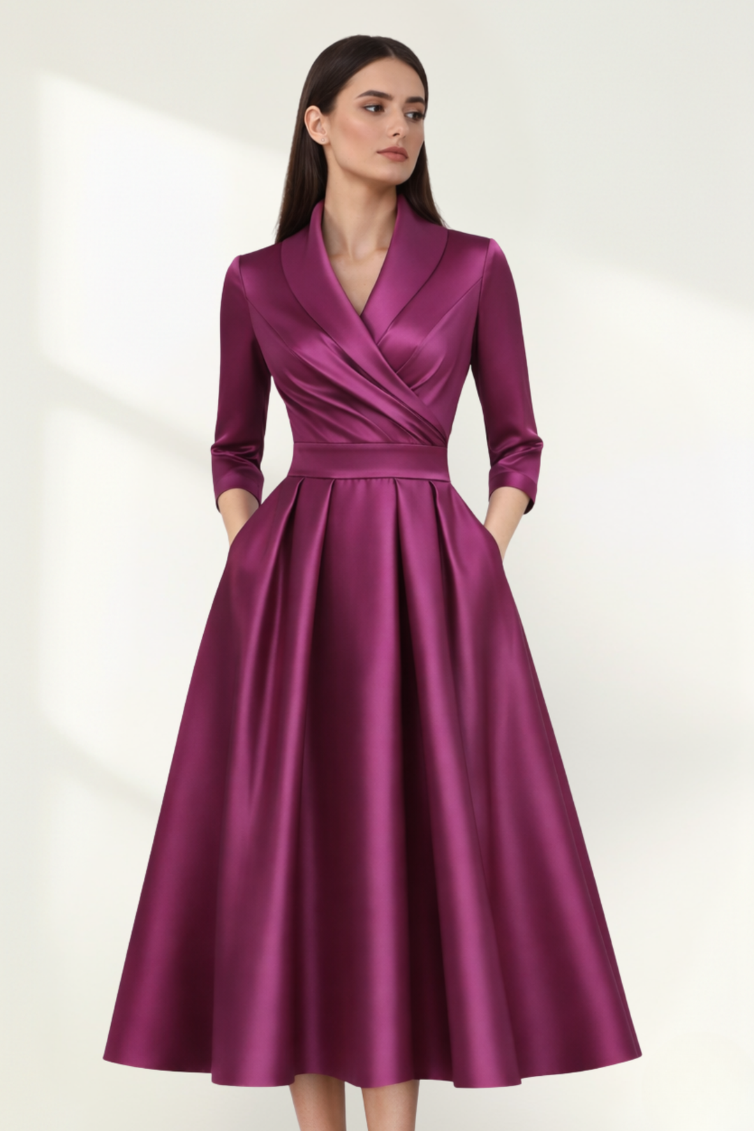 Robe midi portefeuille en satin pour femme